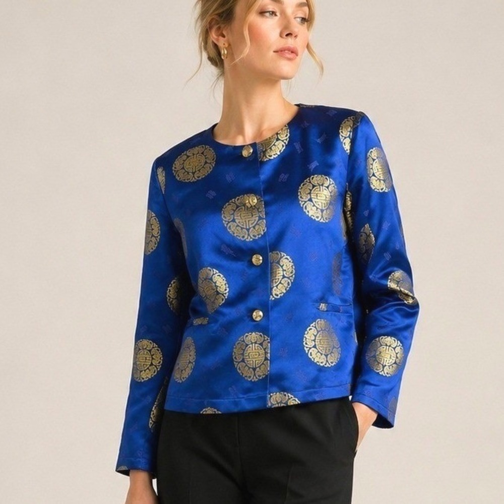 April Cornell Medallion Silk Blend Jacket Womens Size M Blue Gold Chinoiserie